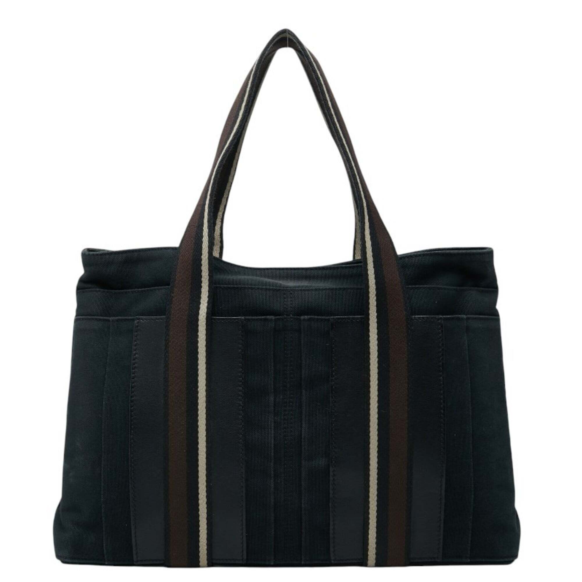 Hermes Troca Horizontal Mm Tote Bag Shoulder Black Brown Canvas Leather Women...
